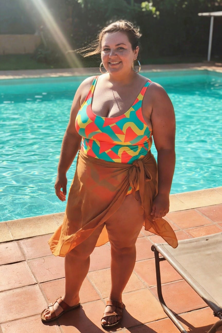 Smiling woman in colorful swimsuit and brown sarong by pool.