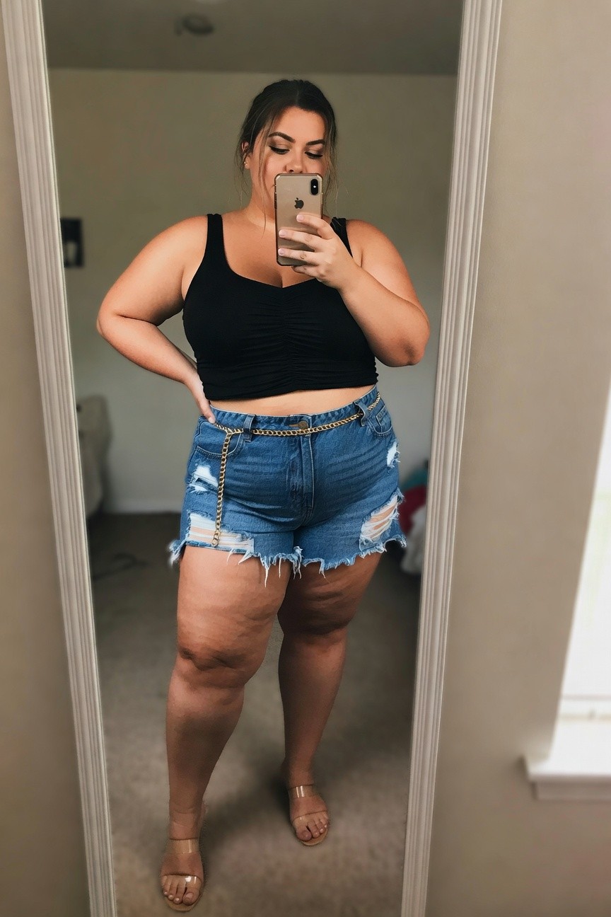 Woman in black crop top and ripped denim shorts taking mirror selfie.