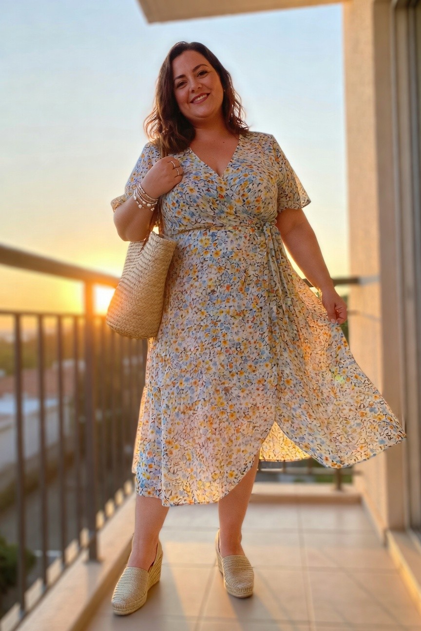 Plus size woman wearing a light blue floral print wrap midi dress with short sleeves, paired with beige espadrille wedge shoes and carrying a woven straw tote bag, accessorized with beaded bracelets.
