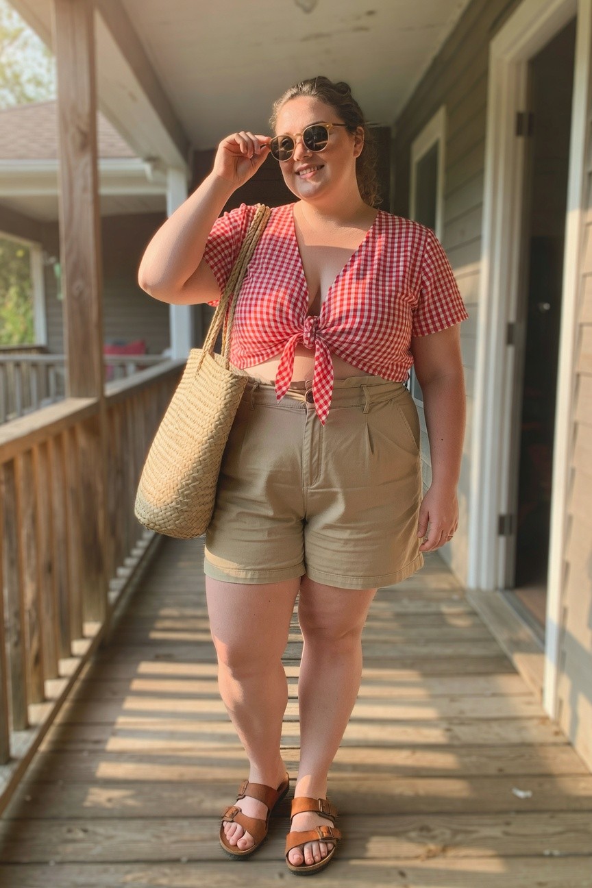 Woman in red gingham crop top and khaki shorts holding sunglasses on porch.