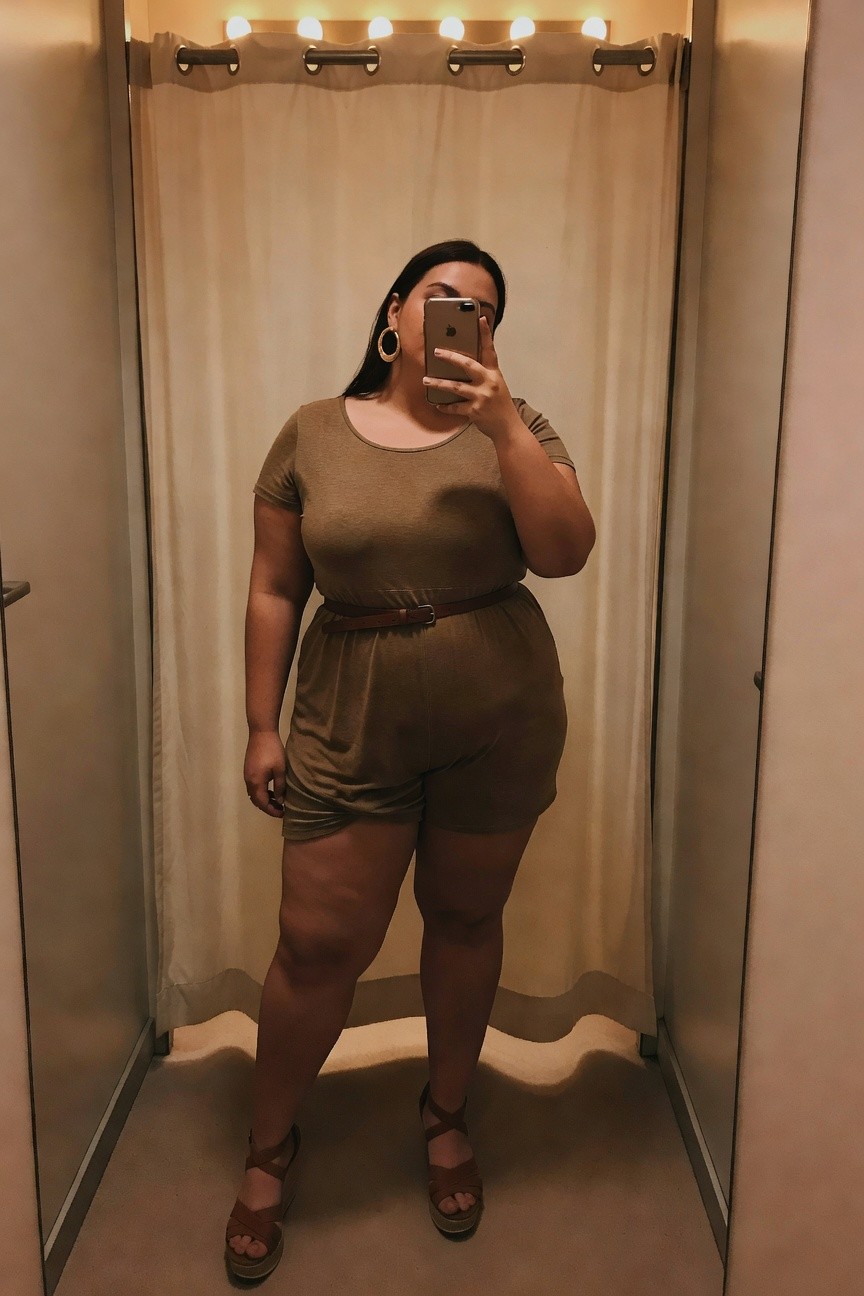 Woman in olive-green romper taking a mirror selfie in a fitting room.