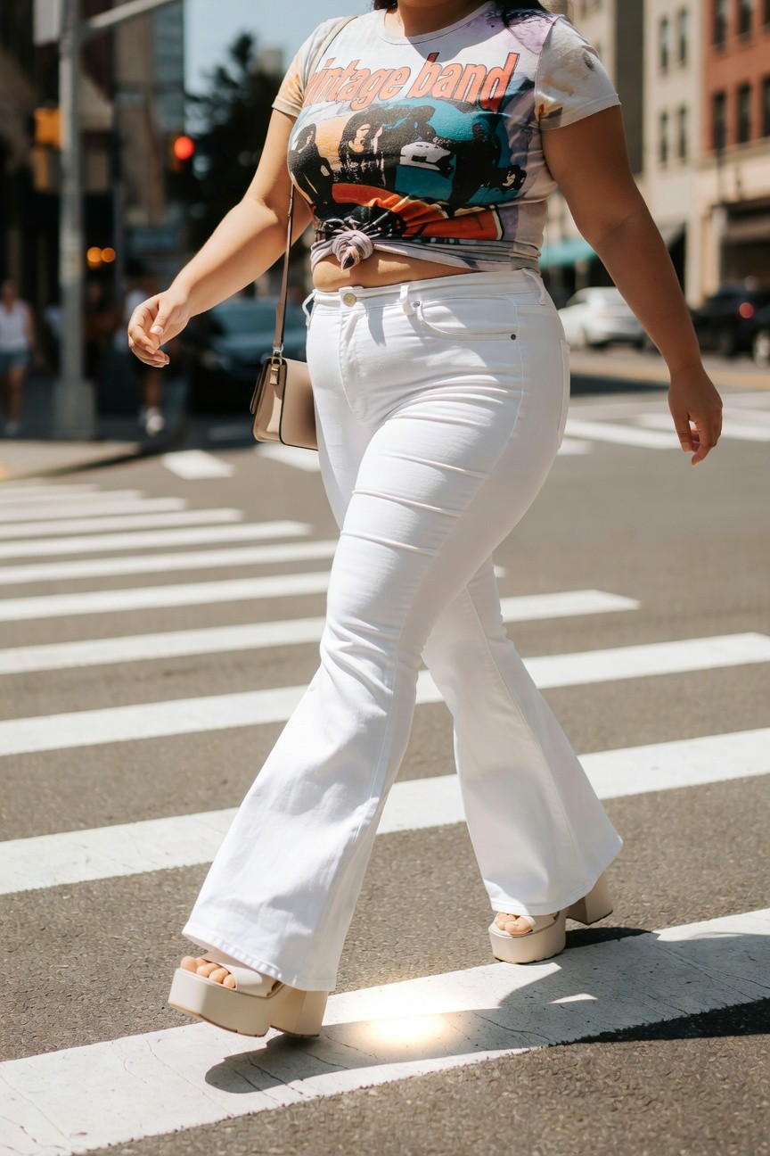 Woman in white flared jeans and tie-dye tee crossing a sunny city street.