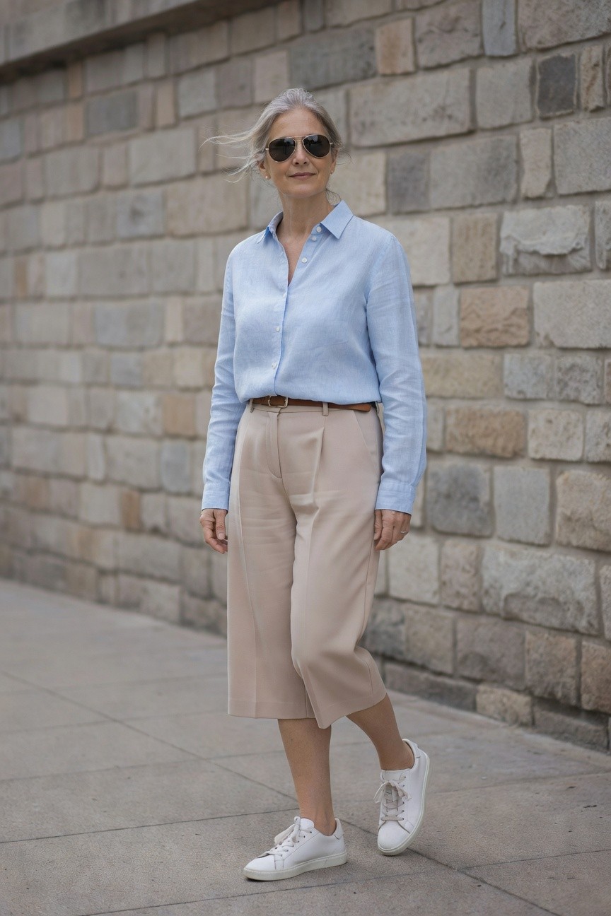 Woman wearing a light blue button-up shirt tucked into beige wide-leg culottes with a brown belt, white sneakers, and aviator sunglasses standing in front of a stone wall.