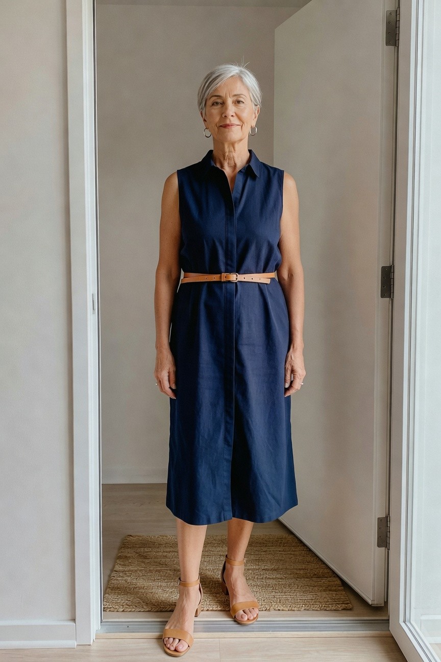 Navy Button Front Midi Dress