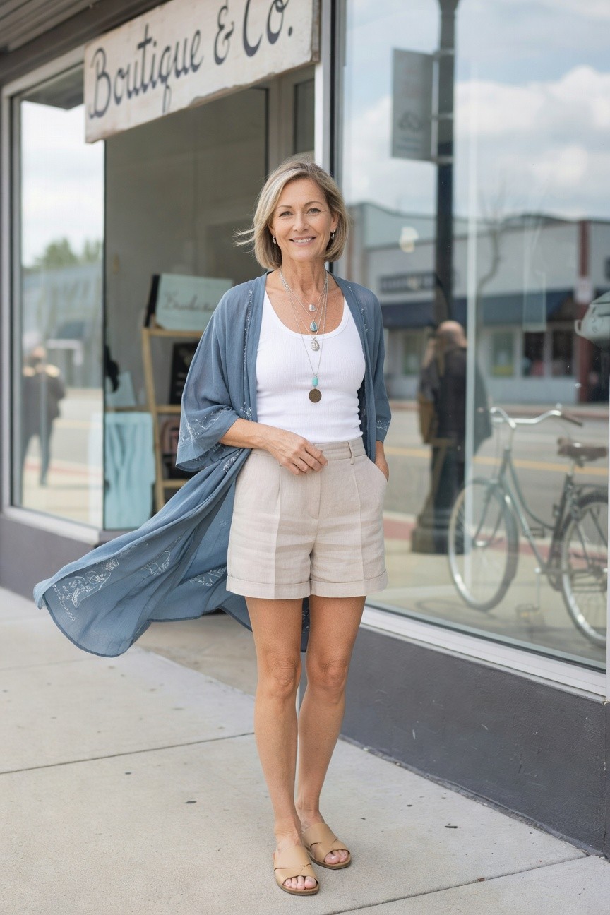 Relaxed Shorts With An Open Cardigan Layer