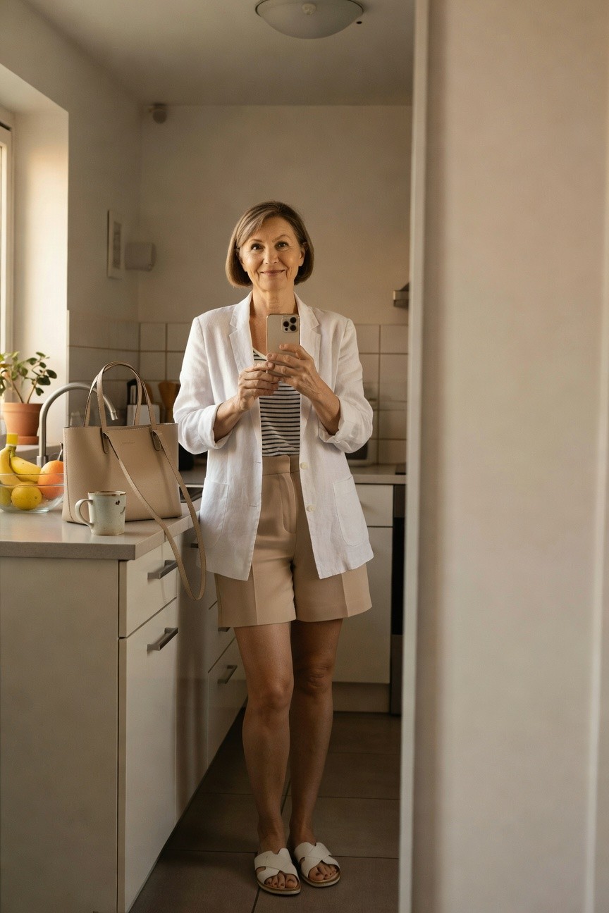 Woman over 60 wearing a white linen blazer over a striped top with beige shorts and white sandals while holding a phone in a kitchen setting.