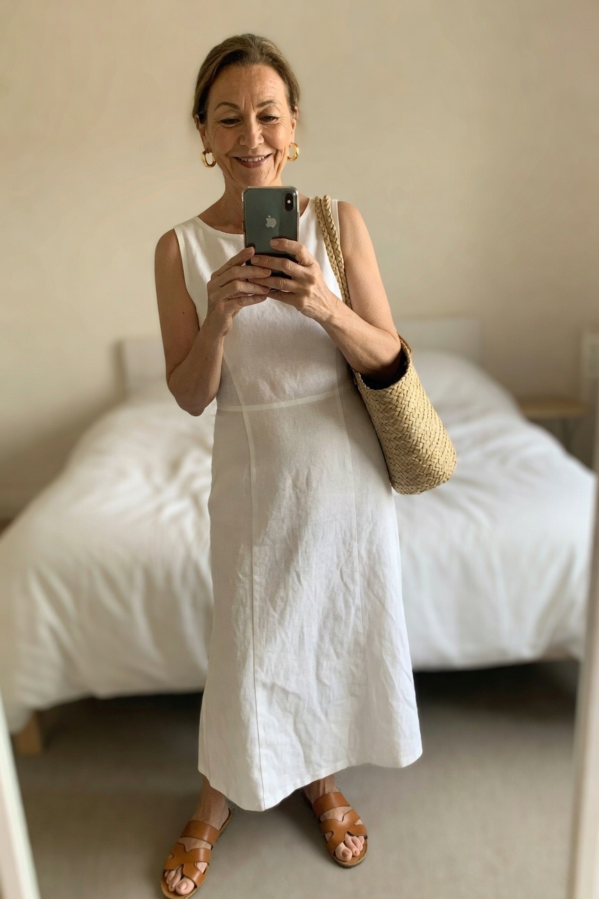 Woman over 60 wearing a white sleeveless linen midi dress with brown leather cutout sandals and a woven straw shoulder bag while holding a smartphone.