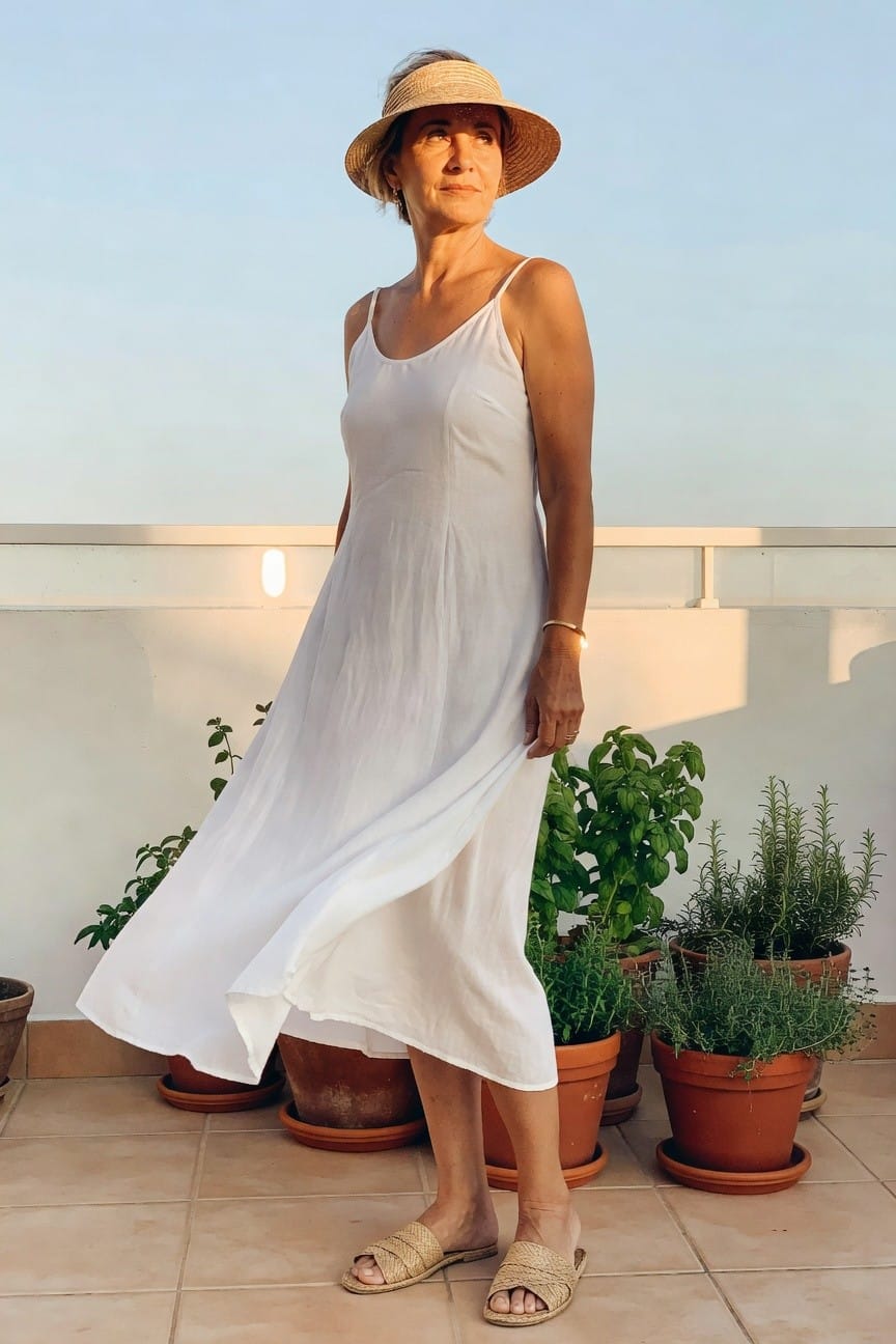 Woman over sixty wearing a flowing white spaghetti strap midi dress with a straw hat and woven slide sandals standing near potted plants on a tiled surface.