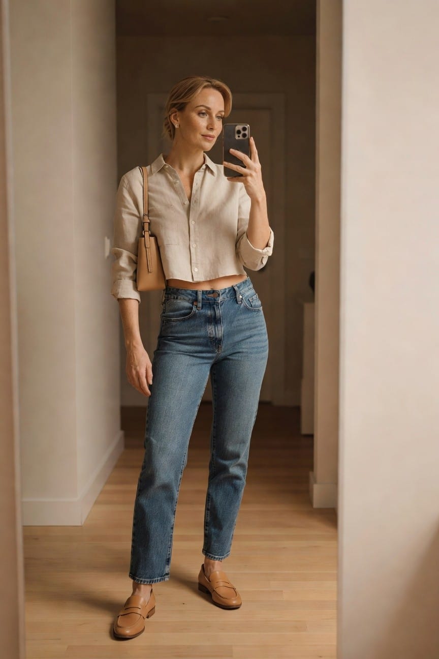 Woman wearing a beige cropped button-up shirt with blue straight-leg jeans, brown loafers, and a tan shoulder bag while holding a phone for a mirror selfie.