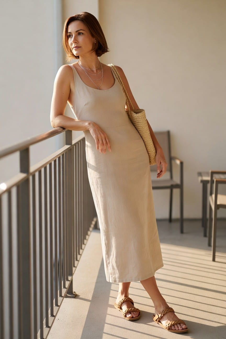 Linen Midi Dress With Woven Straw Bag