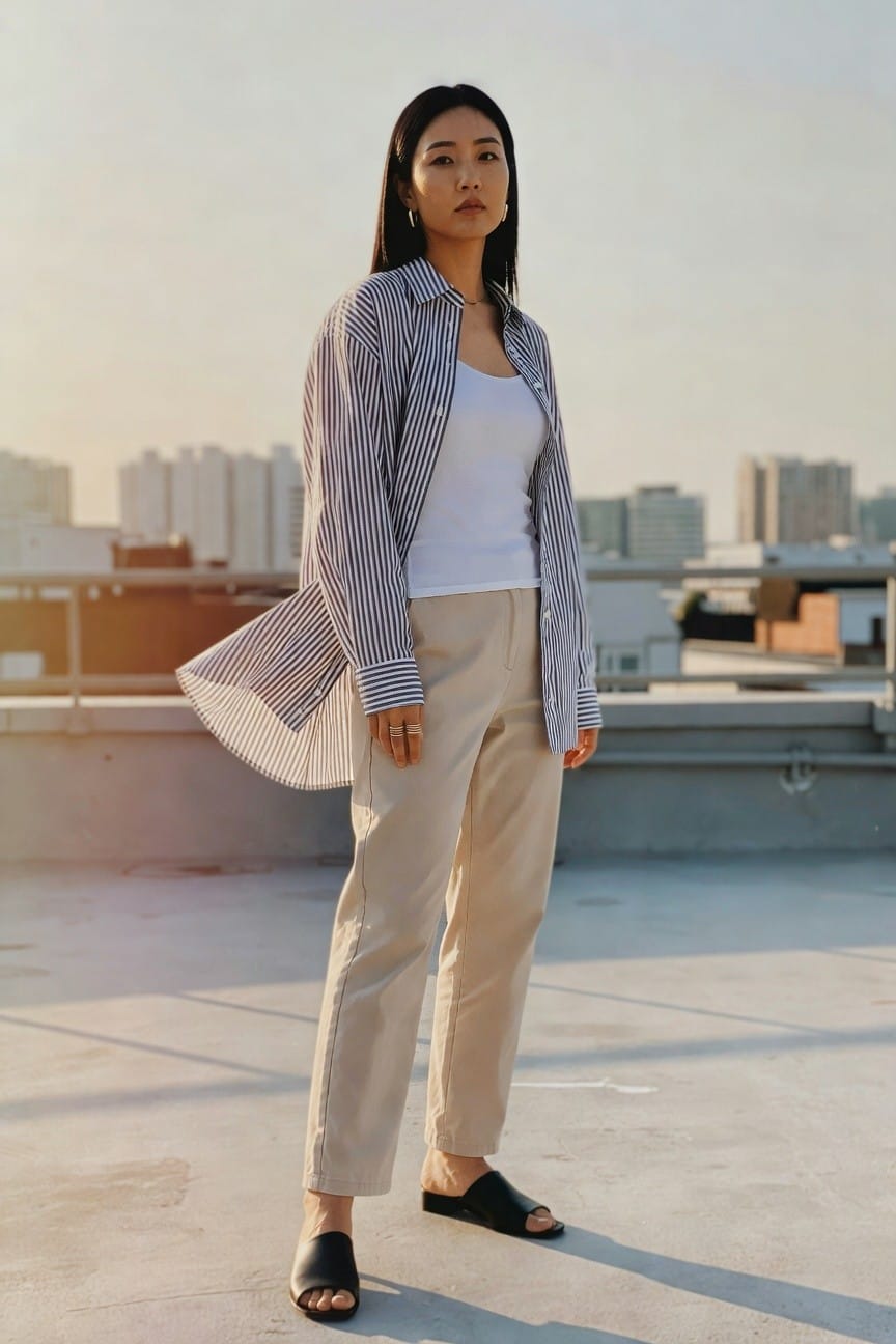 Striped Button Up With Tank Top And Beige Pants