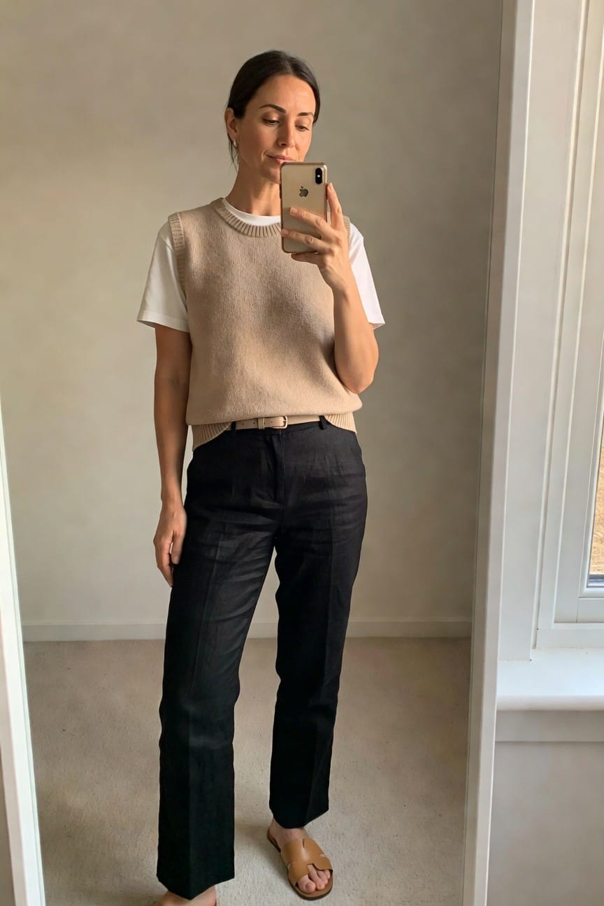 Sweater Vest Layered With Wide Leg Pants