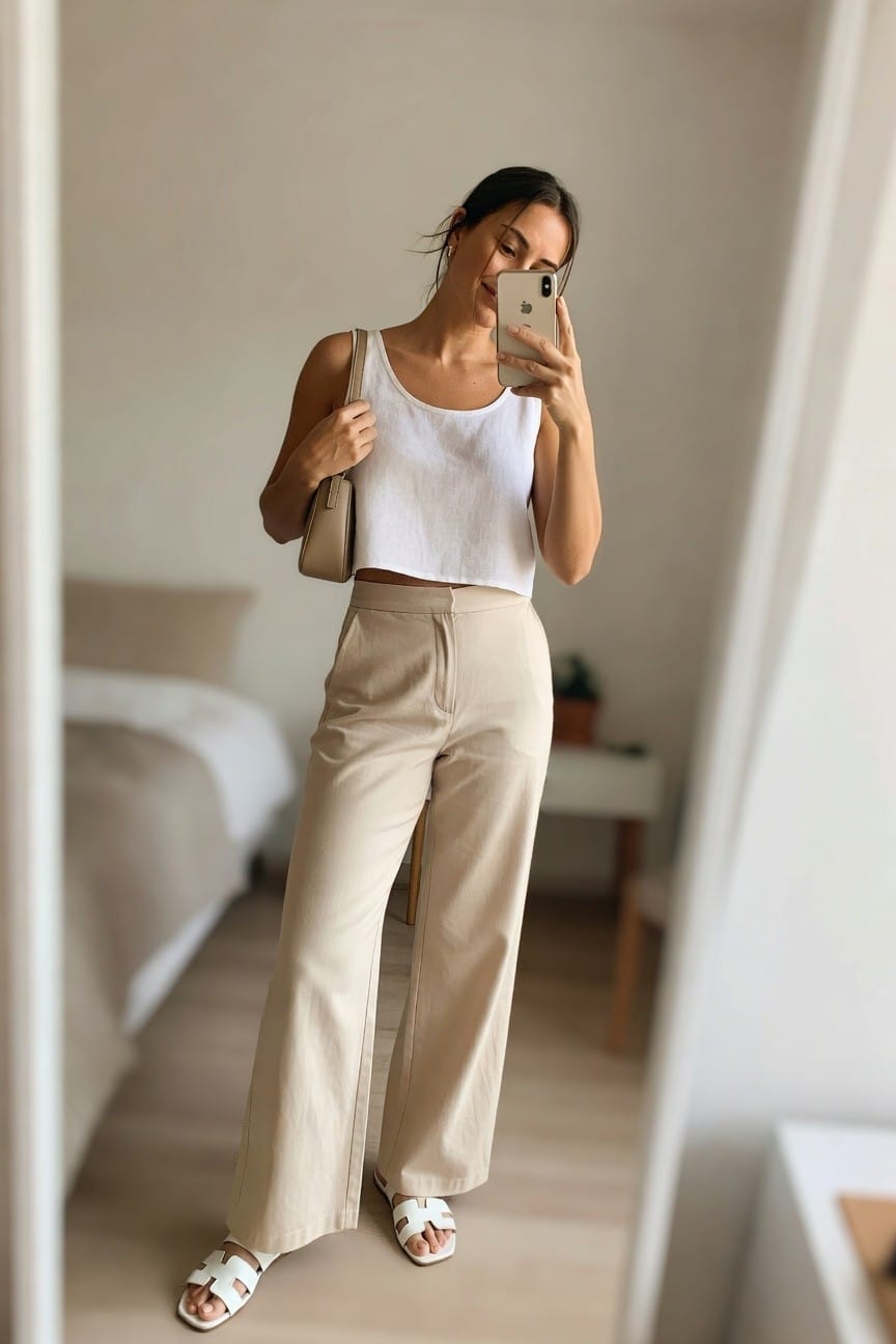 White Crop Top And Beige Wide Leg Pants