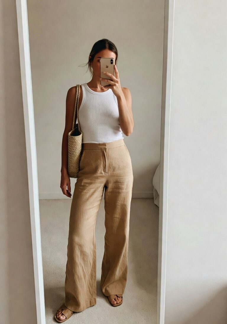 Woman wearing a white ribbed tank top tucked into high-waisted wide-leg tan linen pants with front buttons, carrying a woven straw tote bag over one shoulder and wearing tan slide sandals.