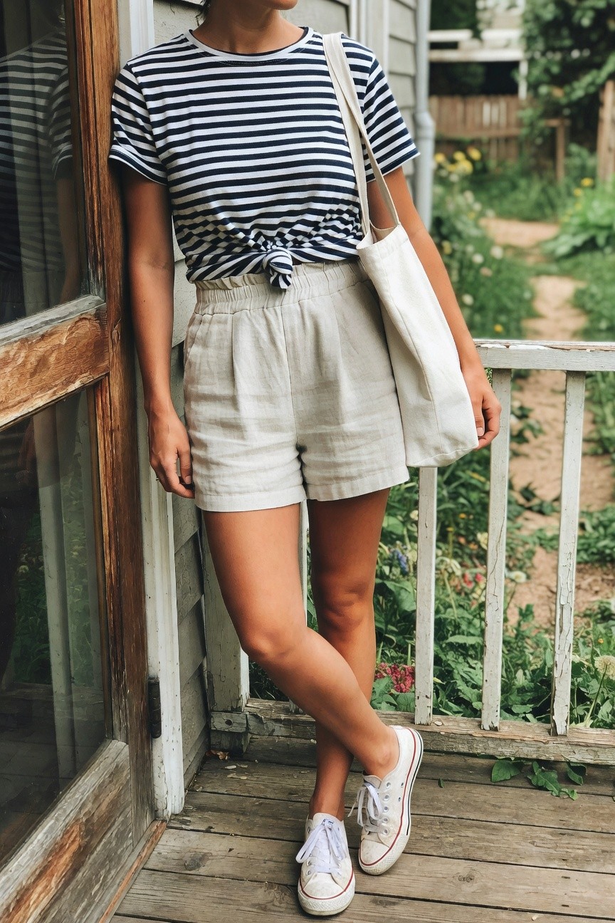 Striped Tee With Linen Shorts