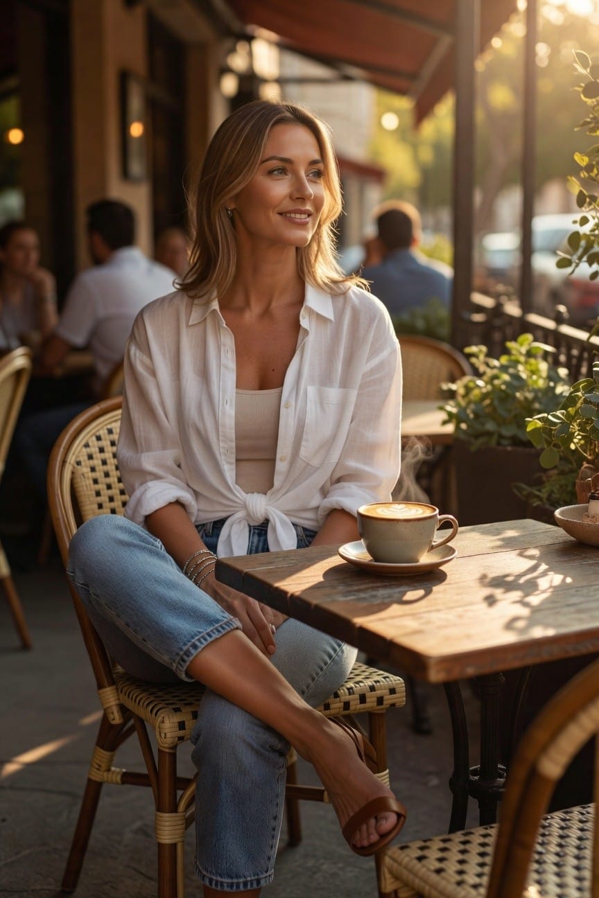 White Button Down Knotted Over Tank Top And Jeans