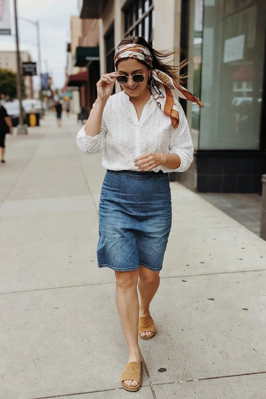 Woman wearing a white eyelet button-up blouse tucked into a blue denim pencil skirt, with a patterned silk scarf tied around her head, aviator sunglasses held in one hand, and brown suede slide sandals on her feet.