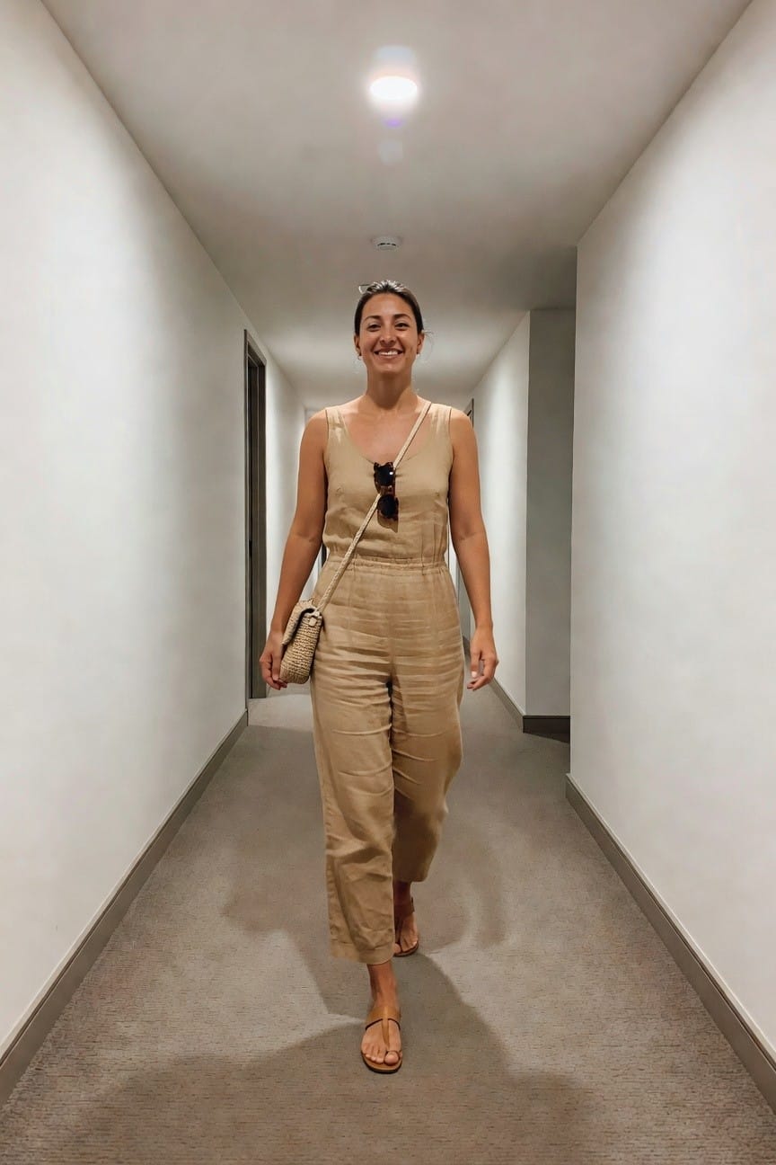 Woman wearing a sleeveless beige linen jumpsuit with wide cropped legs, tan flip flop sandals, woven crossbody bag, and sunglasses hanging from the strap while walking in a hallway.