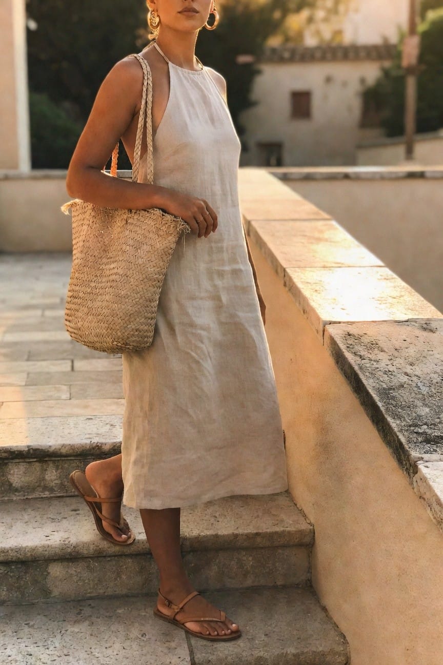 Woman in a beige linen halter midi dress carrying a large straw tote bag and wearing brown strappy flat sandals.