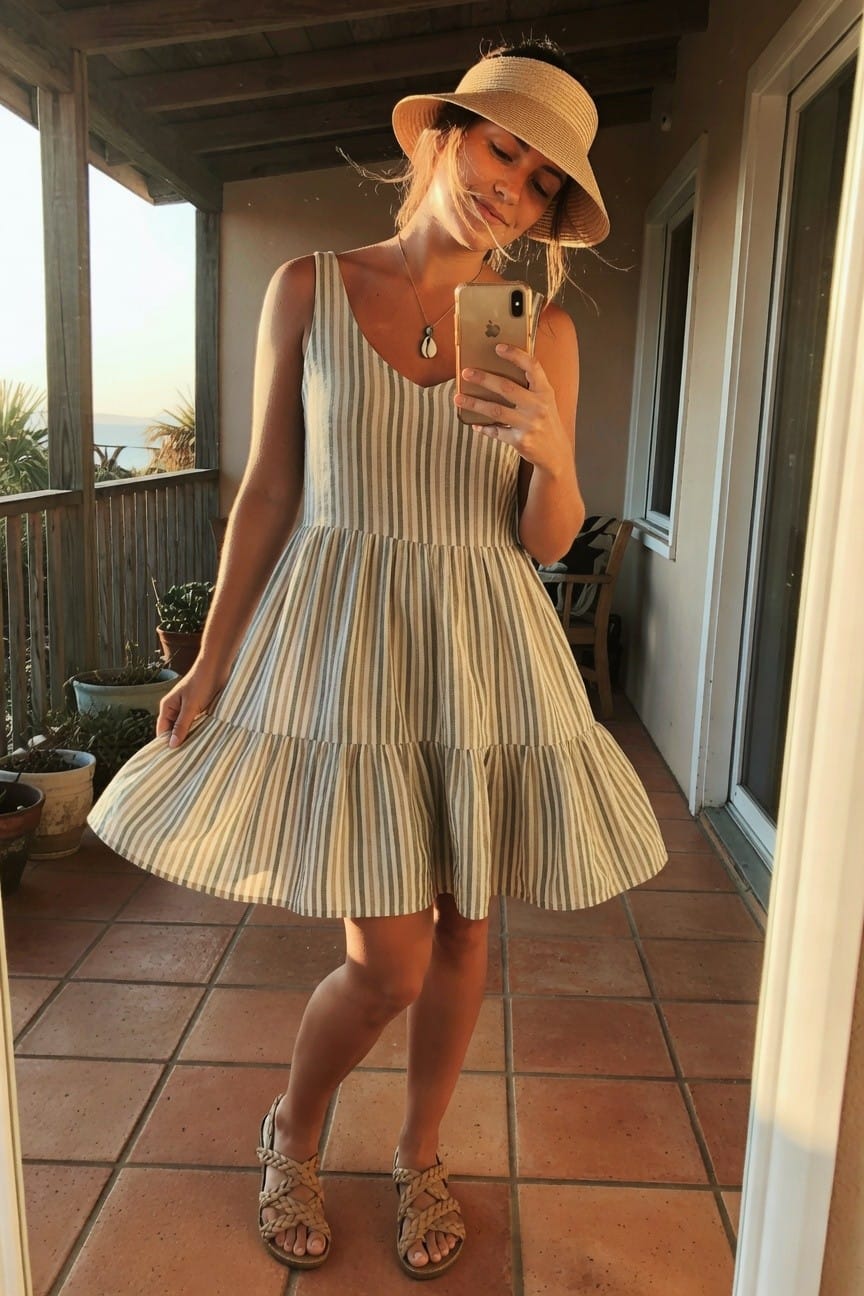 Woman wearing a sleeveless beige dress with vertical blue stripes and tiered skirt paired with a wide straw hat braided sandals and a shell necklace while taking a mirror selfie.