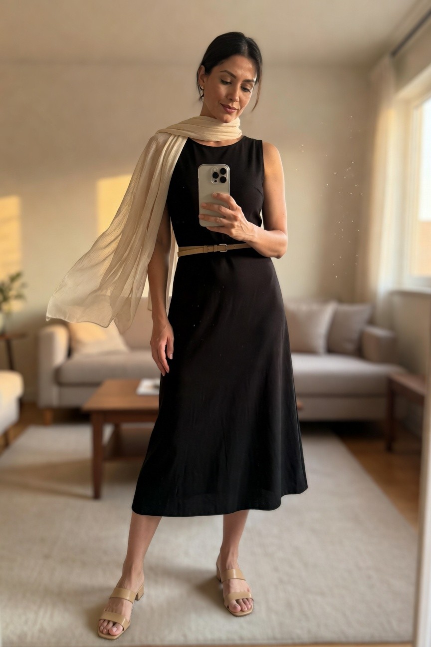 Black Midi Dress With Belt And Scarf