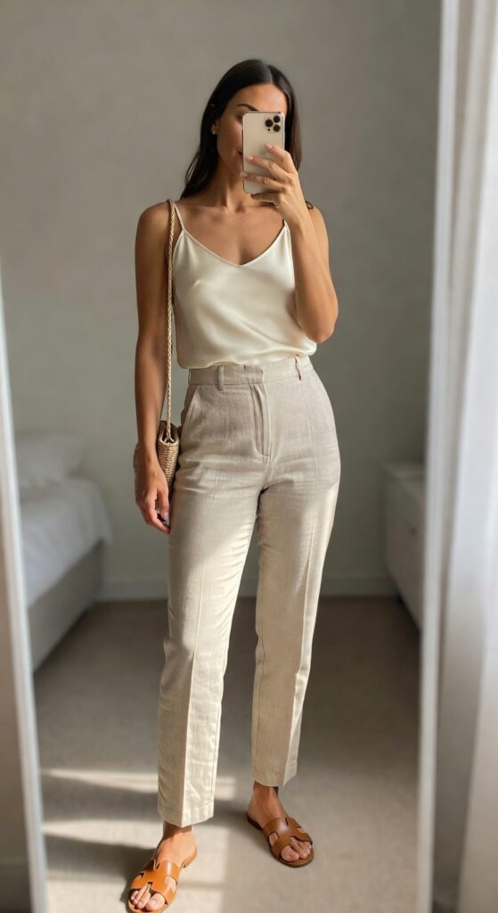 19 Classy Summer 2026 Outfit Ideas That Look Timeless and Refined Woman in a cream silk camisole and beige linen trousers with brown leather sandals and a small woven crossbody bag, standing in a bedroom mirror selfie.