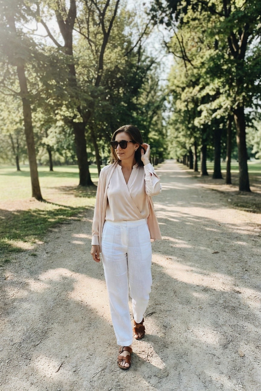 Wrap Blouse In Soft Blush With Crisp White Pants