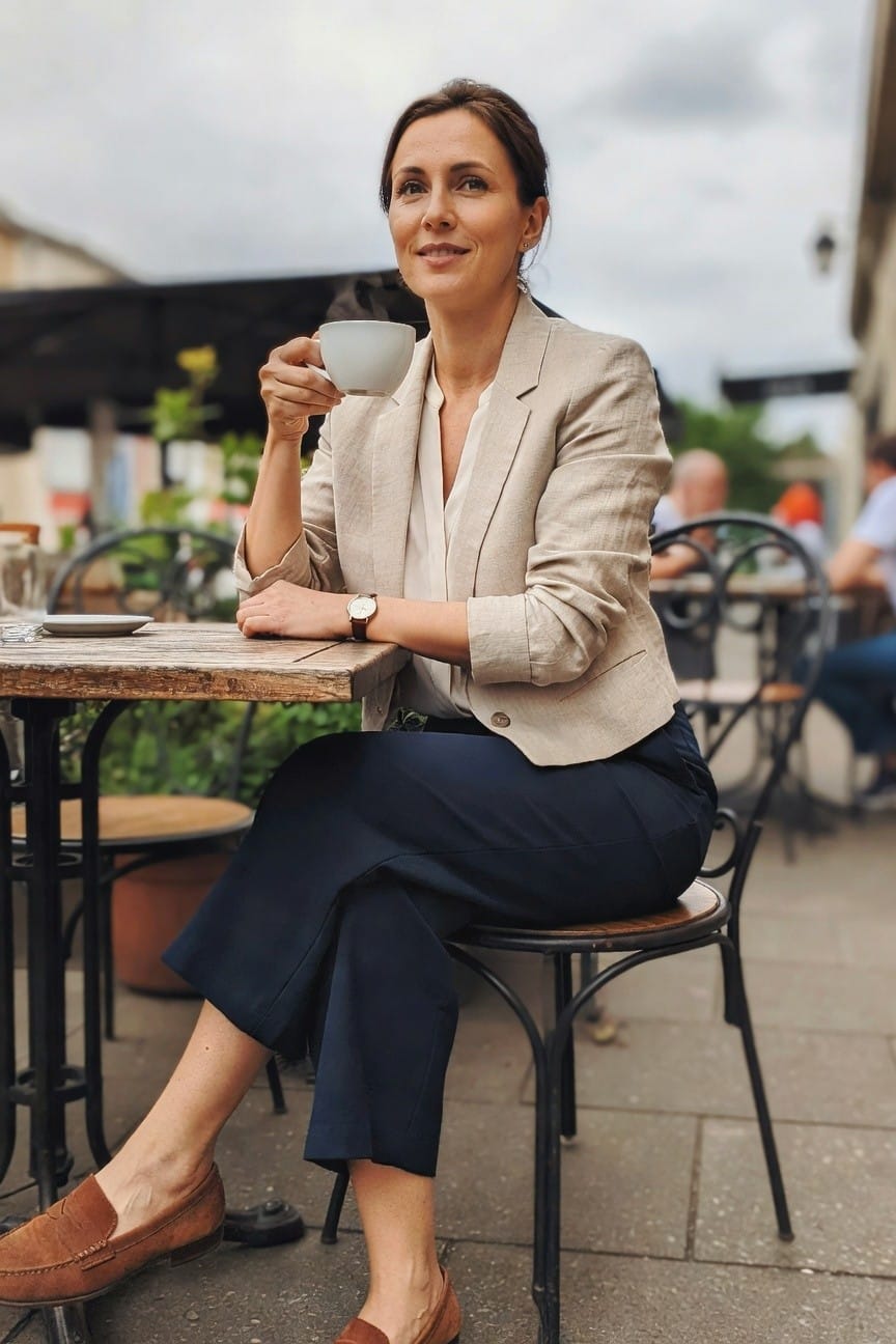 Woman seated at outdoor cafe table wearing beige linen blazer over white blouse, navy wide-leg pants, and brown suede loafers while holding a white cup.