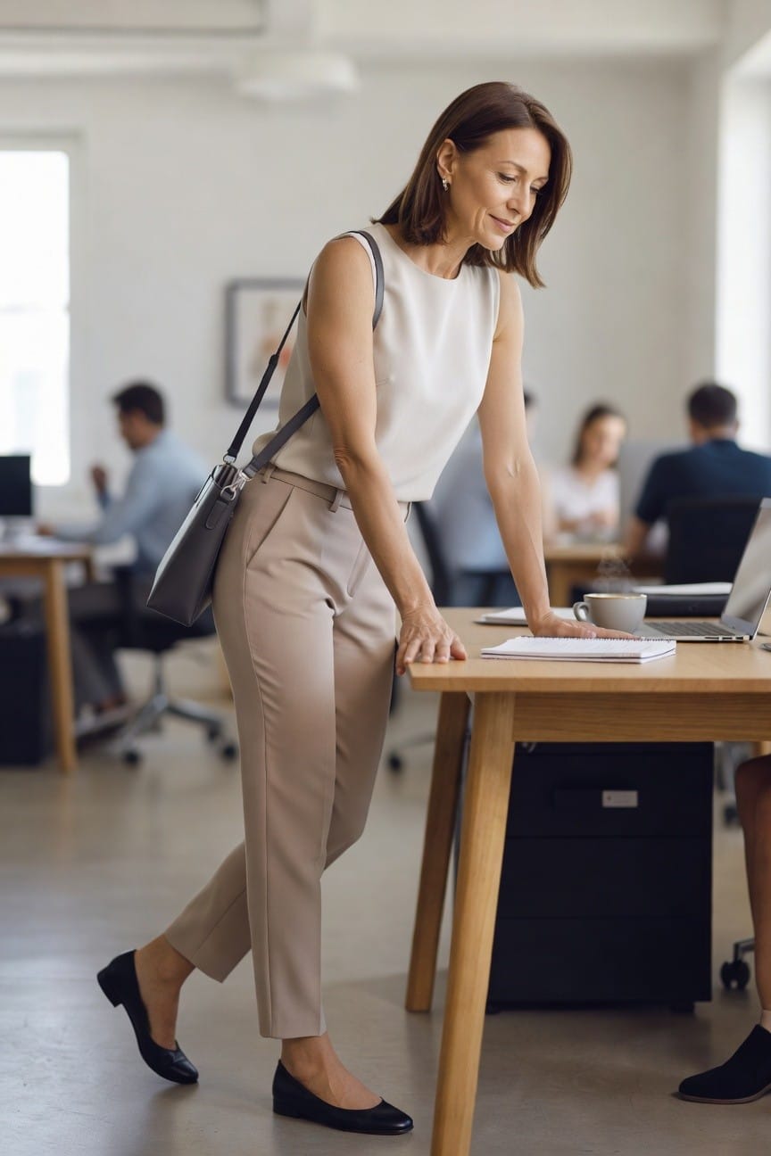 Businesswoman in beige outfit leans over wooden desk with notebook.
