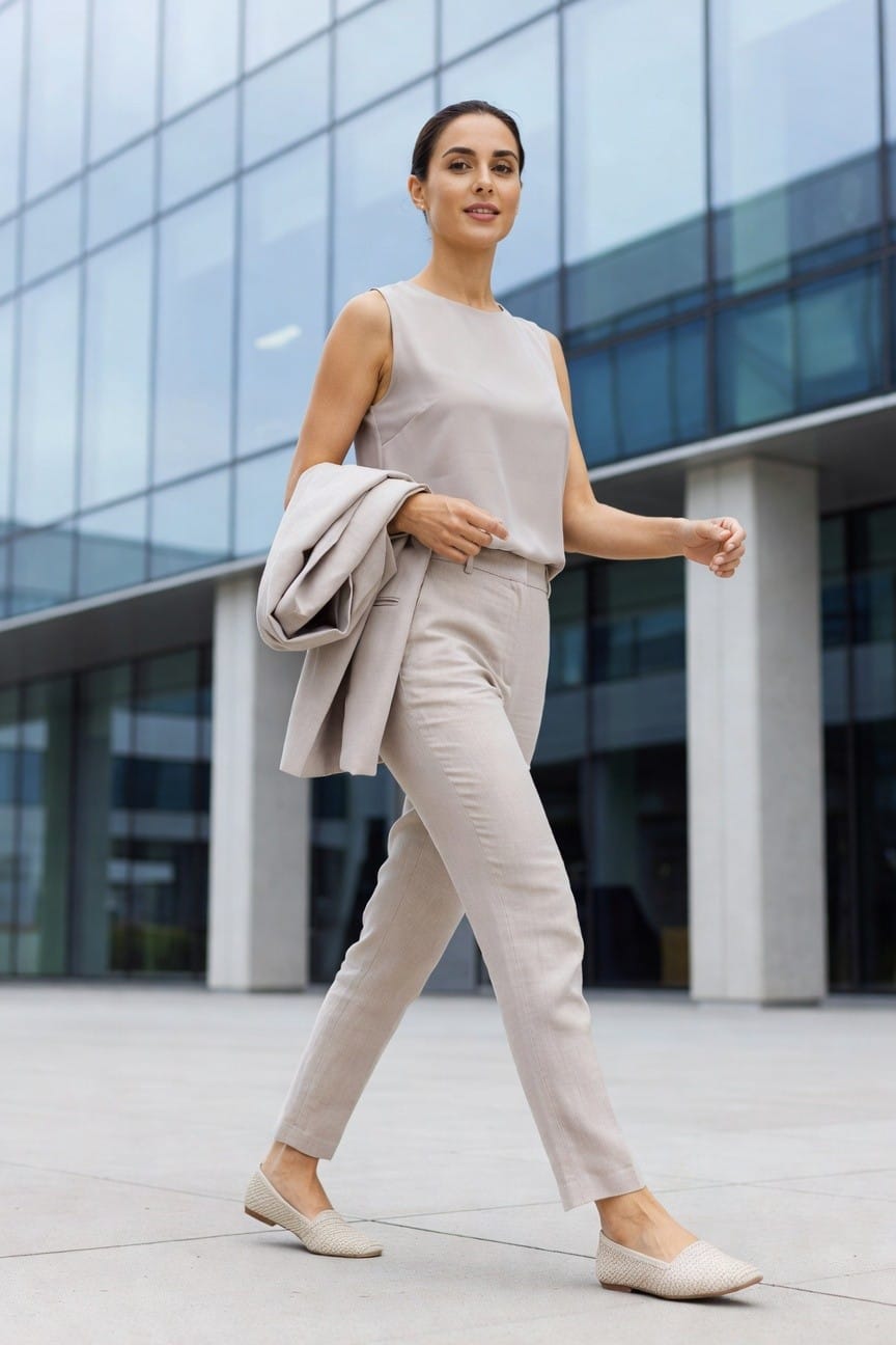 Woman in beige outfit walking confidently in front of glass building.