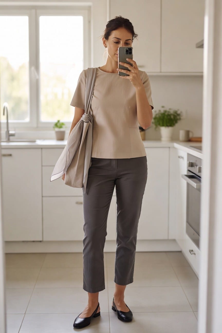 Woman in beige top and gray pants taking a mirror selfie.