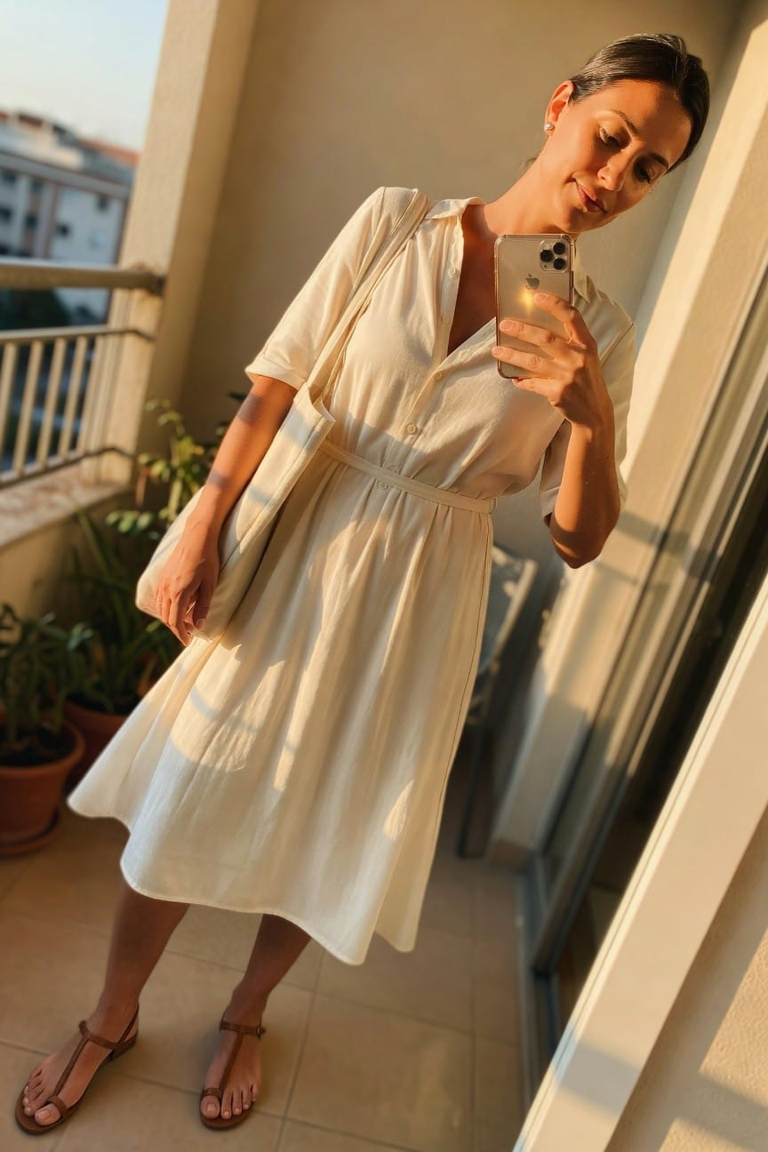 A woman in a cream button-down midi shirt dress with a waist belt, brown flat sandals, and a matching tote bag over one shoulder while holding a smartphone.