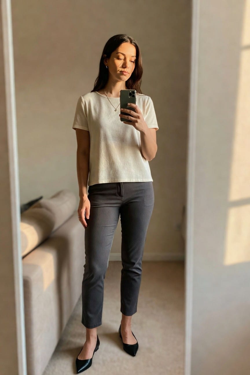 Woman in cream top and gray pants taking a mirror selfie.