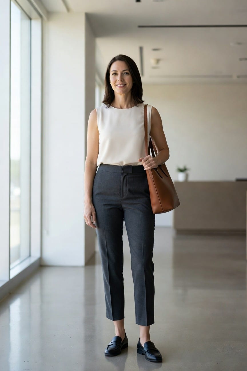 Woman wearing a sleeveless cream top tucked into cropped gray trousers with black loafers and carrying a brown leather tote bag.