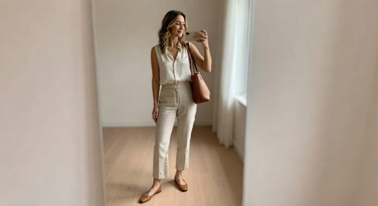 A woman stands in a bright room wearing a sleeveless cream blouse and light beige high-waisted trousers, paired with brown flats and a matching bag.