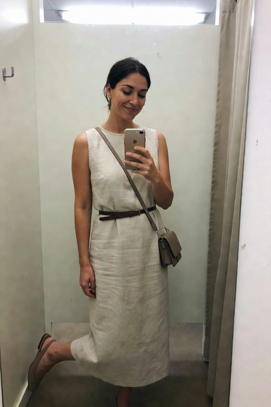 Woman wearing a sleeveless light beige linen midi dress belted at the waist with a small crossbody bag and matching flats posing for a mirror selfie in a fitting room.