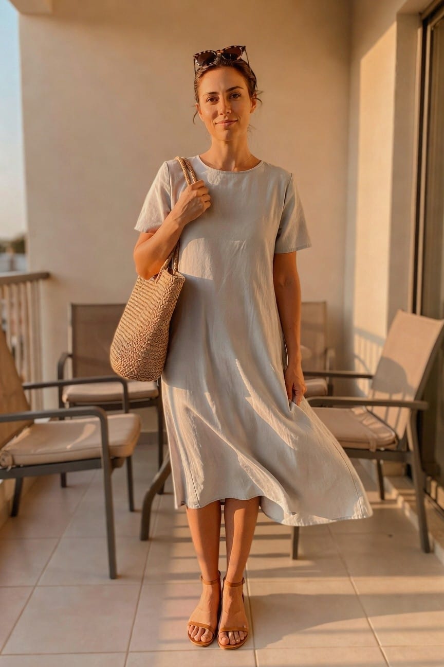 Woman in light blue dress holding woven bag on sunny balcony.