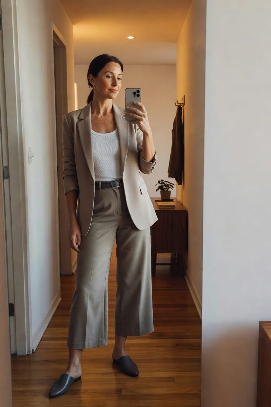 Woman in beige blazer and trousers taking a mirror selfie in hallway.