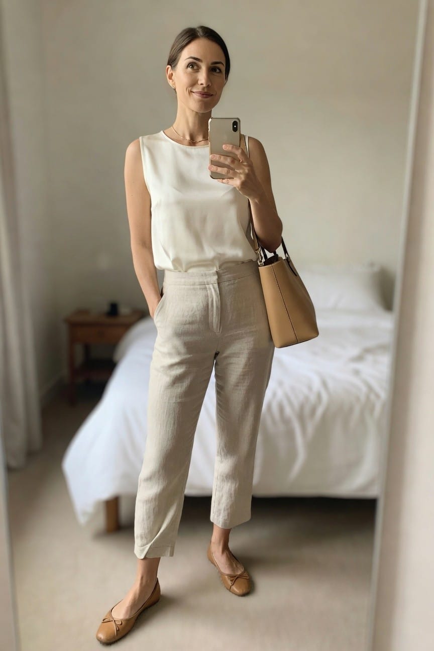 Woman in white top and beige linen pants taking a mirror selfie.