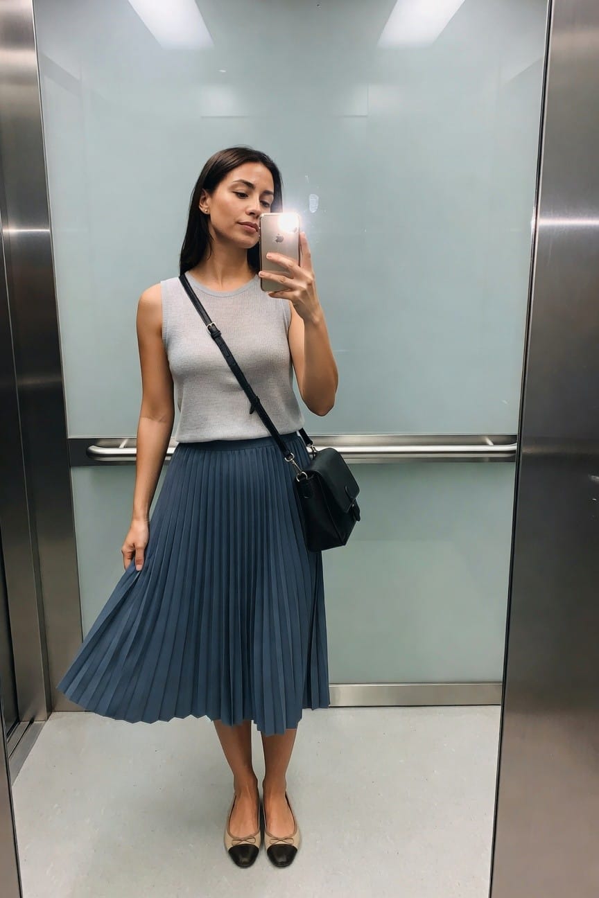 Woman in gray sleeveless knit top and blue pleated midi skirt with beige and black ballet flats and black crossbody bag taking a mirror selfie in an elevator.