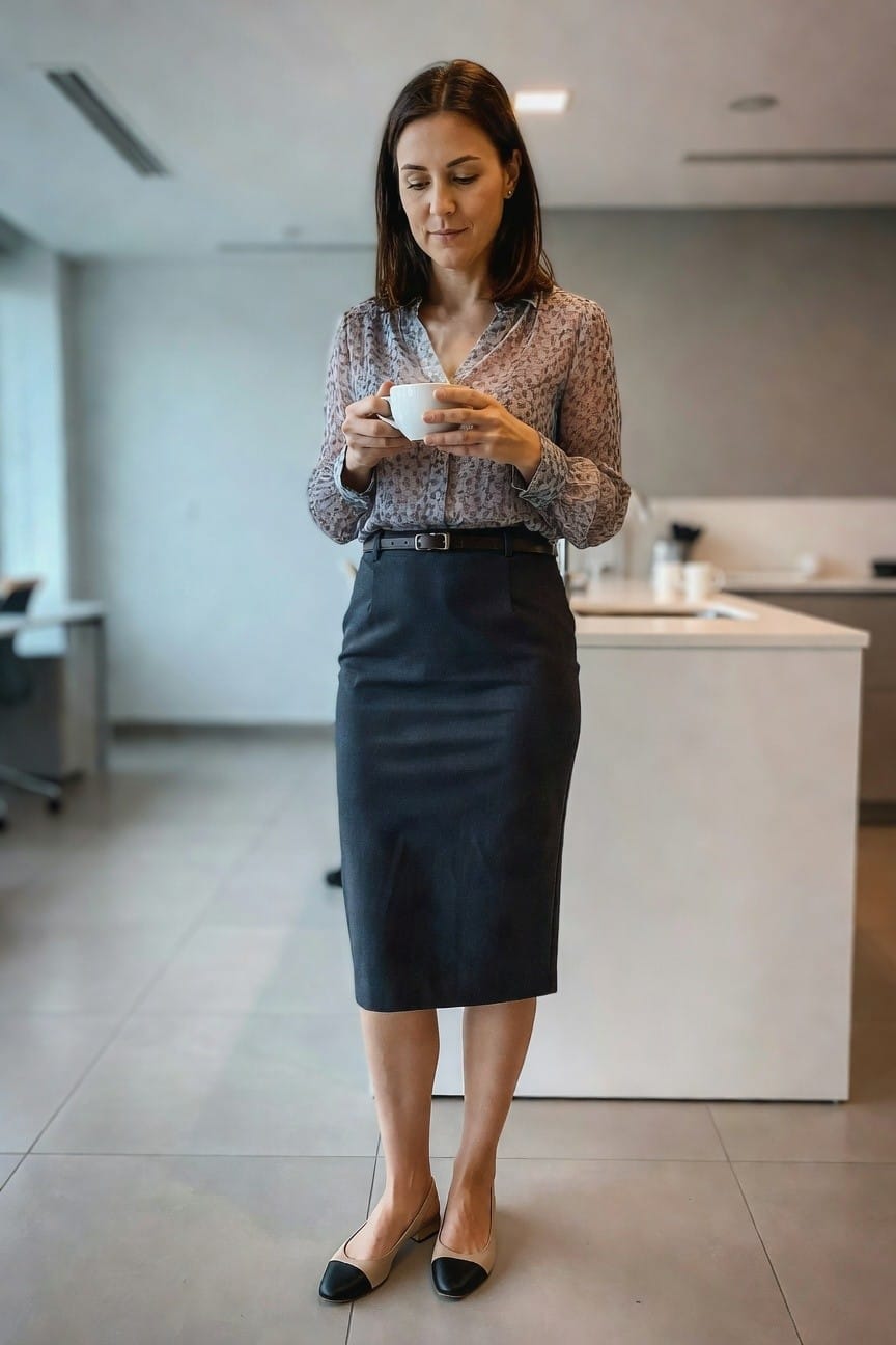 Woman in patterned blouse and pencil skirt holding white coffee cup.