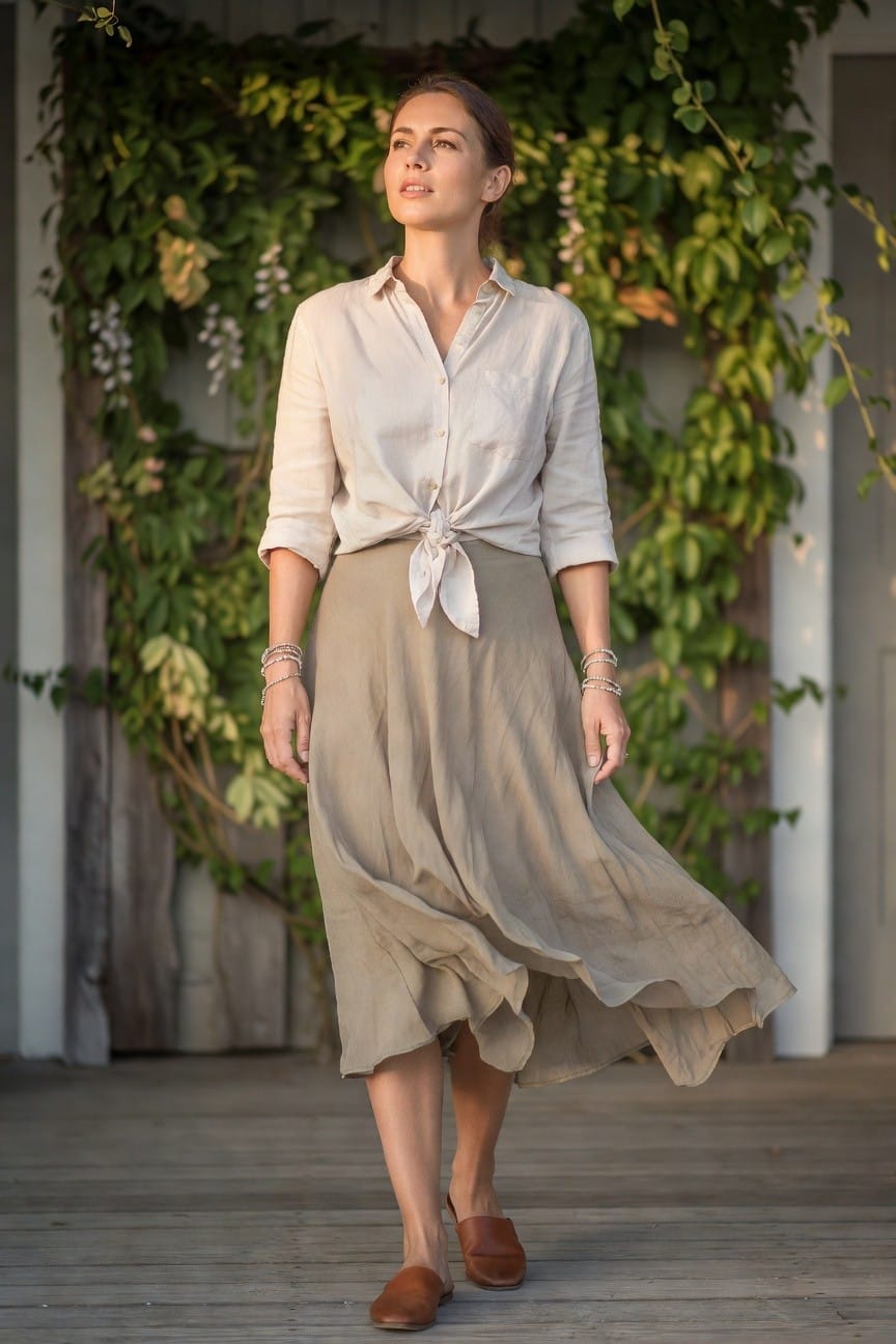 Woman in a tied beige button up shirt with flowing taupe midi skirt and brown flat shoes plus silver bracelets on both wrists.