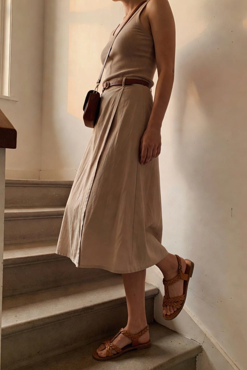 Woman in beige tank top and midi skirt on staircase with sandals.
