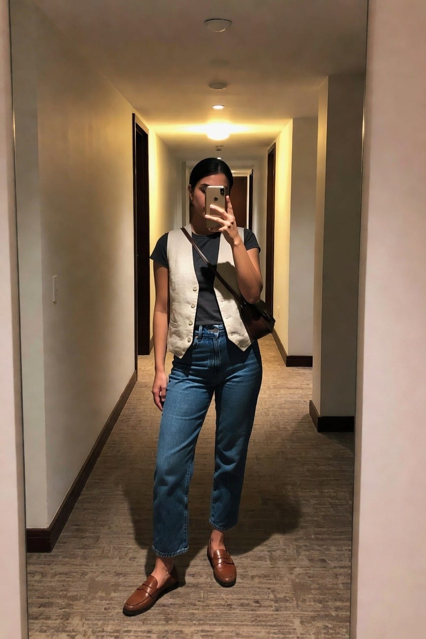 Woman wearing a gray t-shirt under a cream button-front vest with blue wide-leg jeans and brown loafers while holding a phone in a hallway mirror selfie
