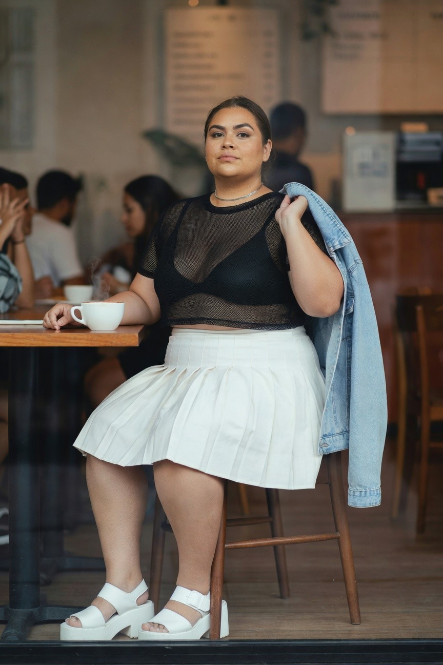 Woman in black mesh top and white pleated skirt holds denim jacket.