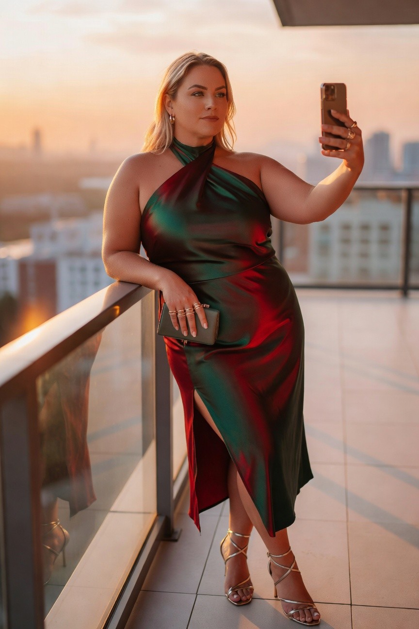 Woman in red-green satin dress taking a balcony selfie at sunset.