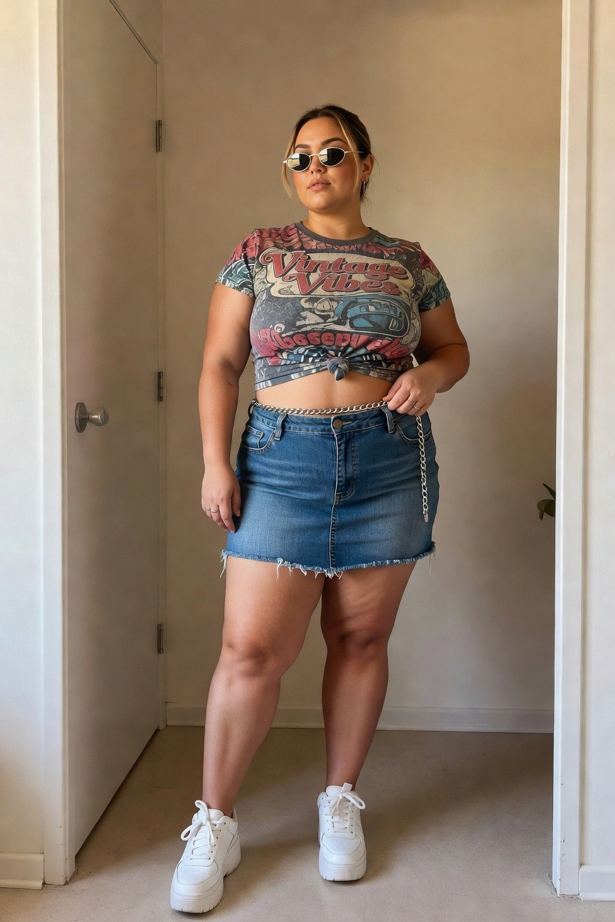 plus size woman wearing a multicolored graphic crop top tied at the waist with a blue denim mini skirt frayed at the hem, silver chain belt, white platform sneakers, and small sunglasses standing indoors