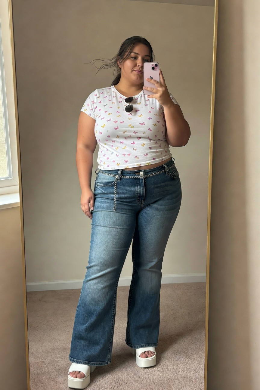 Woman in white butterfly top and wide-leg jeans taking a mirror selfie.