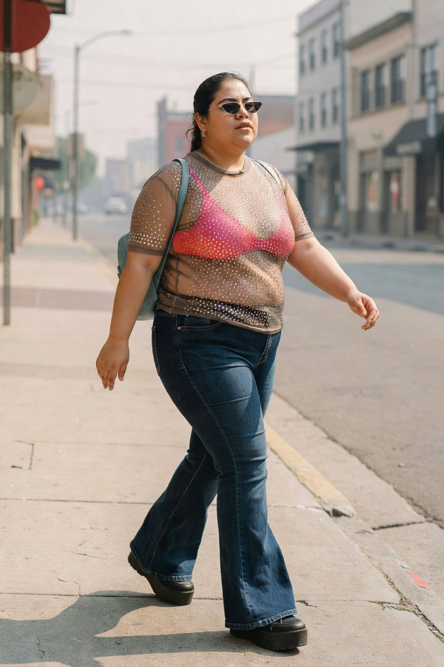 Woman in studded mesh top and blue jeans walks on sunny sidewalk.