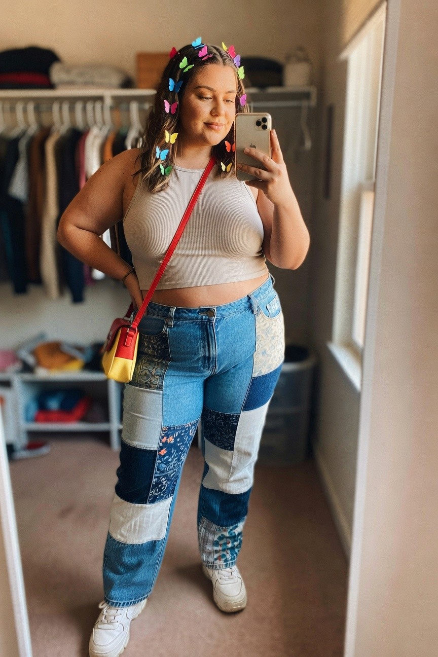 Woman taking a mirror selfie in colorful patchwork jeans and a butterfly headband.